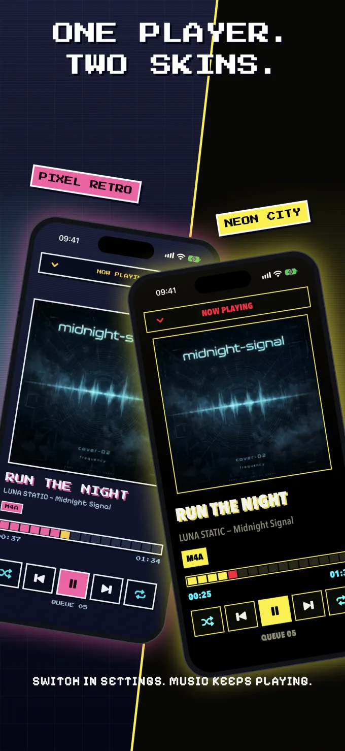 Midnight Signal shown in both Pixel Retro and Neon City skins, side by side