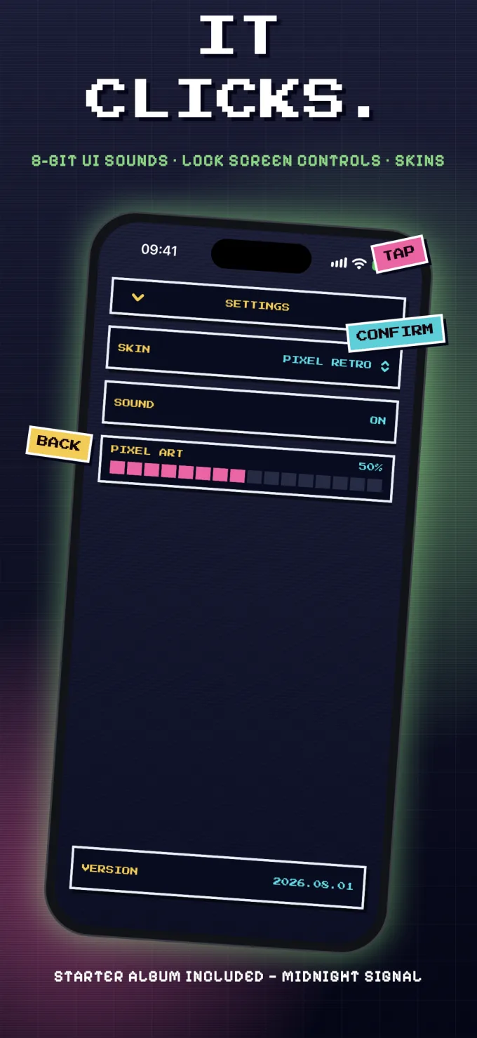 Settings screen: UI sounds, skin picker, starter album