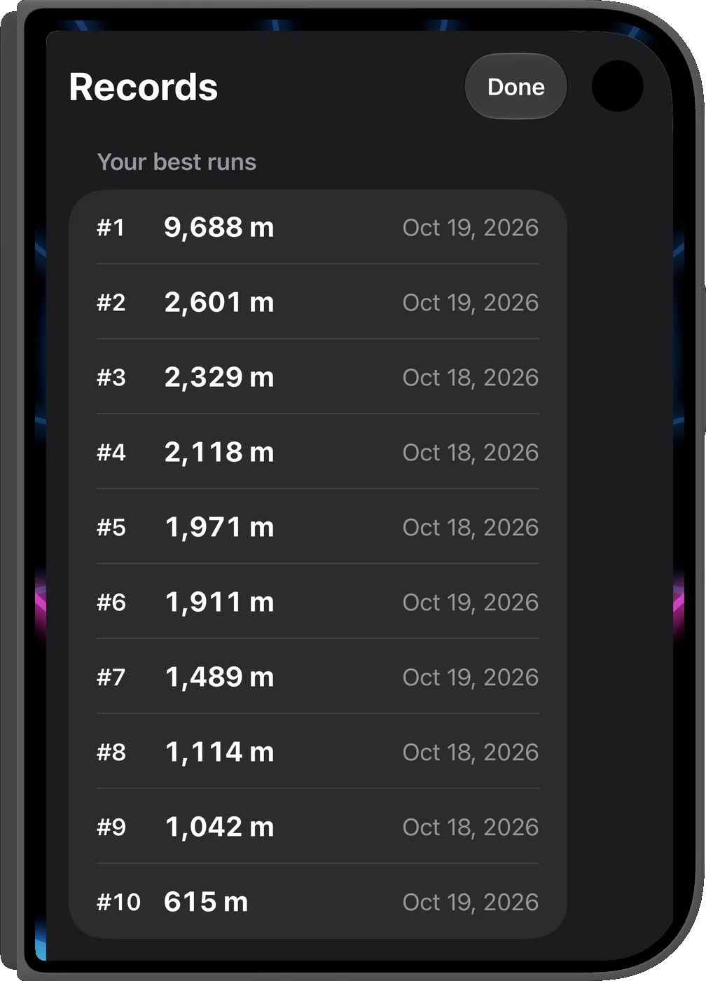 The Records screen with the ten best runs