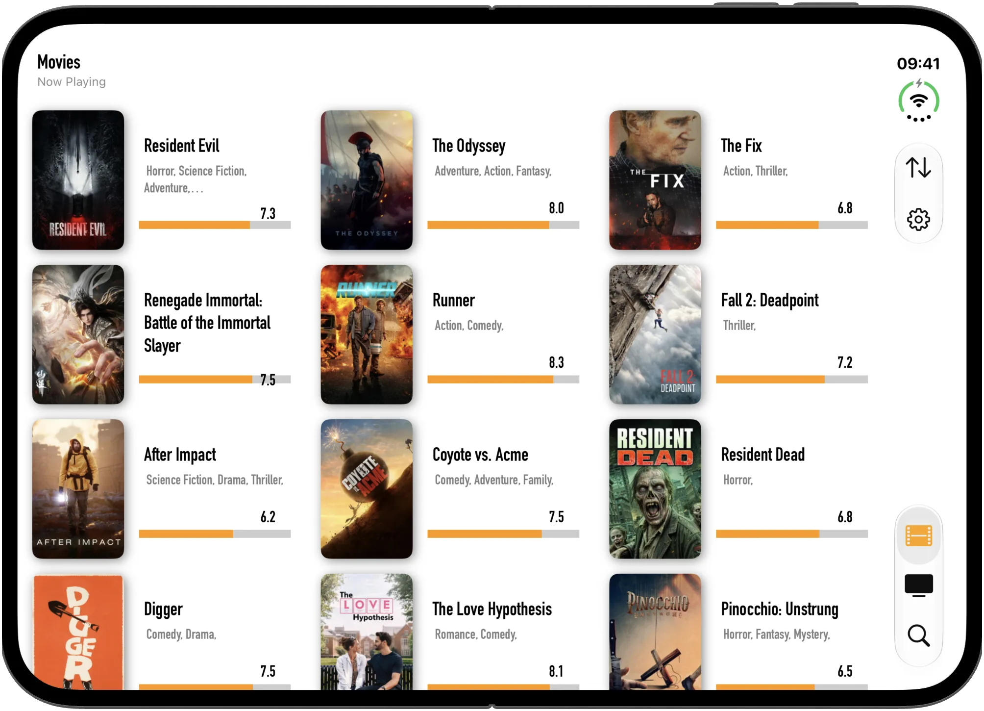 xCinema's film list in three columns on the open iPhone Duo
